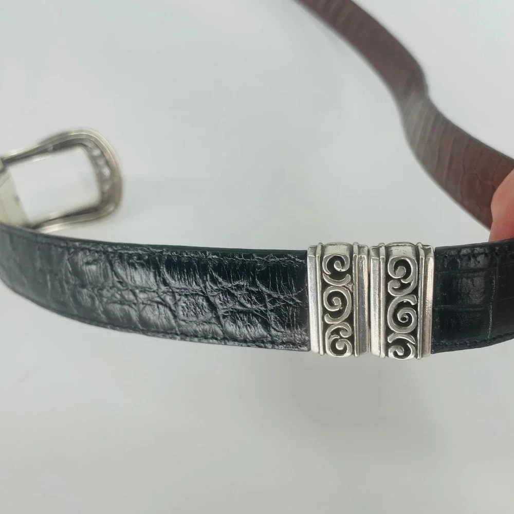 Brown Black Reversible Croc Embossed Leather Belt Ornate Silver Tone‎ Buckle